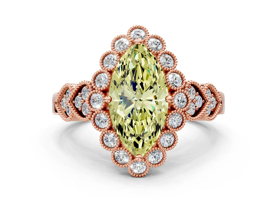 Rose gold Fancy Yellow Marquise Cut Brilliant Milgrain Pave Heart Band Solitaire Ring