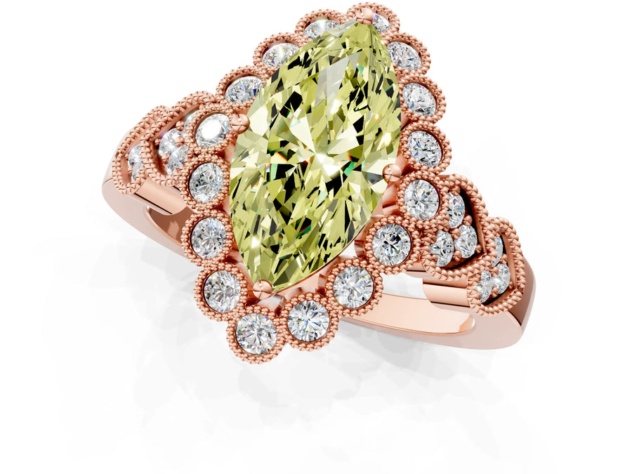 Rose gold Fancy Yellow Marquise Cut Brilliant Milgrain Pave Heart Band Solitaire Ring