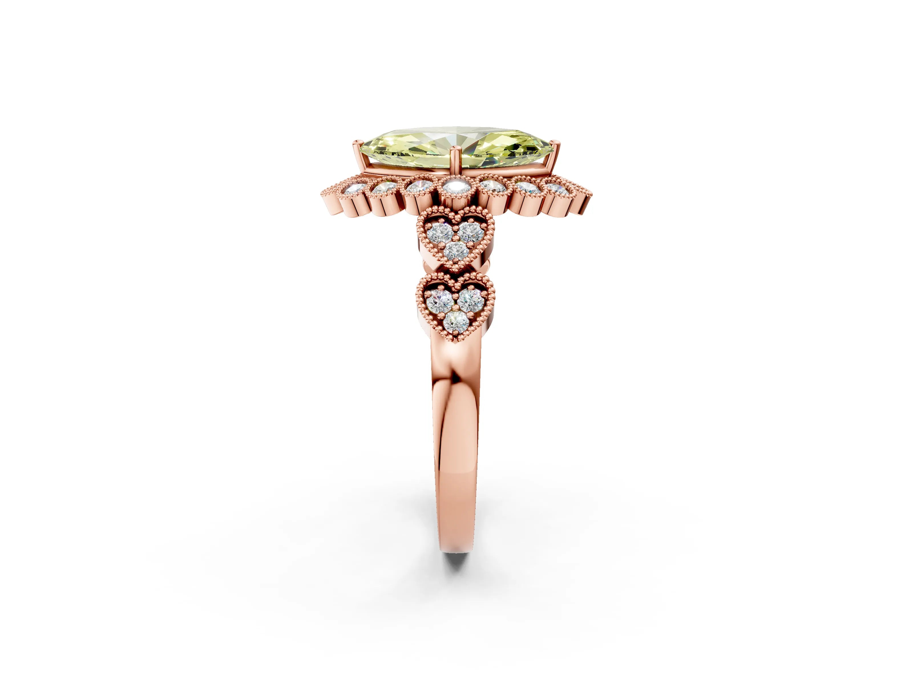 Rose gold Fancy Yellow Marquise Cut Brilliant Milgrain Pave Heart Band Solitaire Ring_2