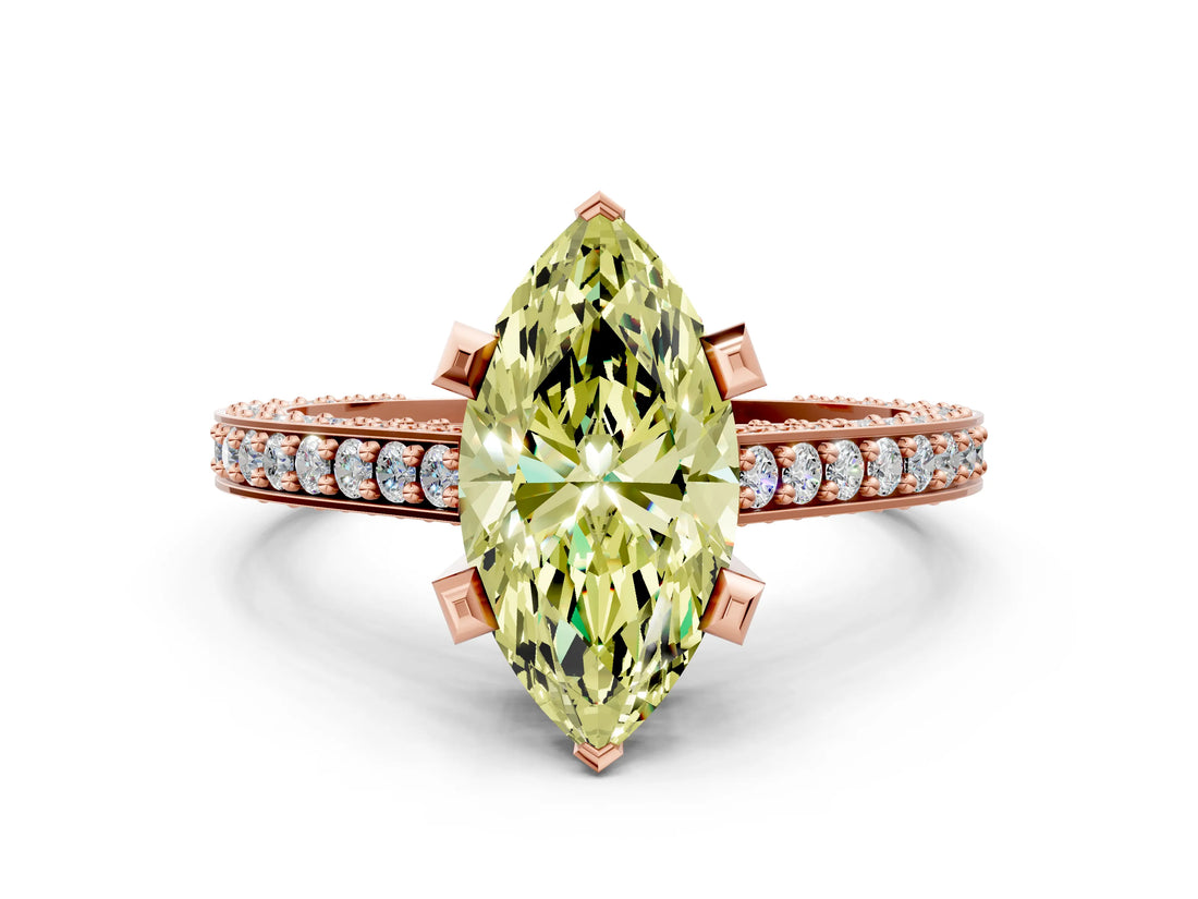 Rose gold Fancy Yellow Marquise Cut Brilliant Split Shank Pave Solitaire Ring with Four-Prong Setting