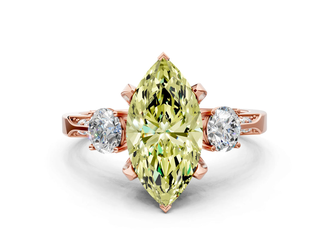 Rose gold Fancy Yellow Marquise Cut Brilliant Three-Stone Diamond Ring with Pavé Band and Four-Prong Setting_3