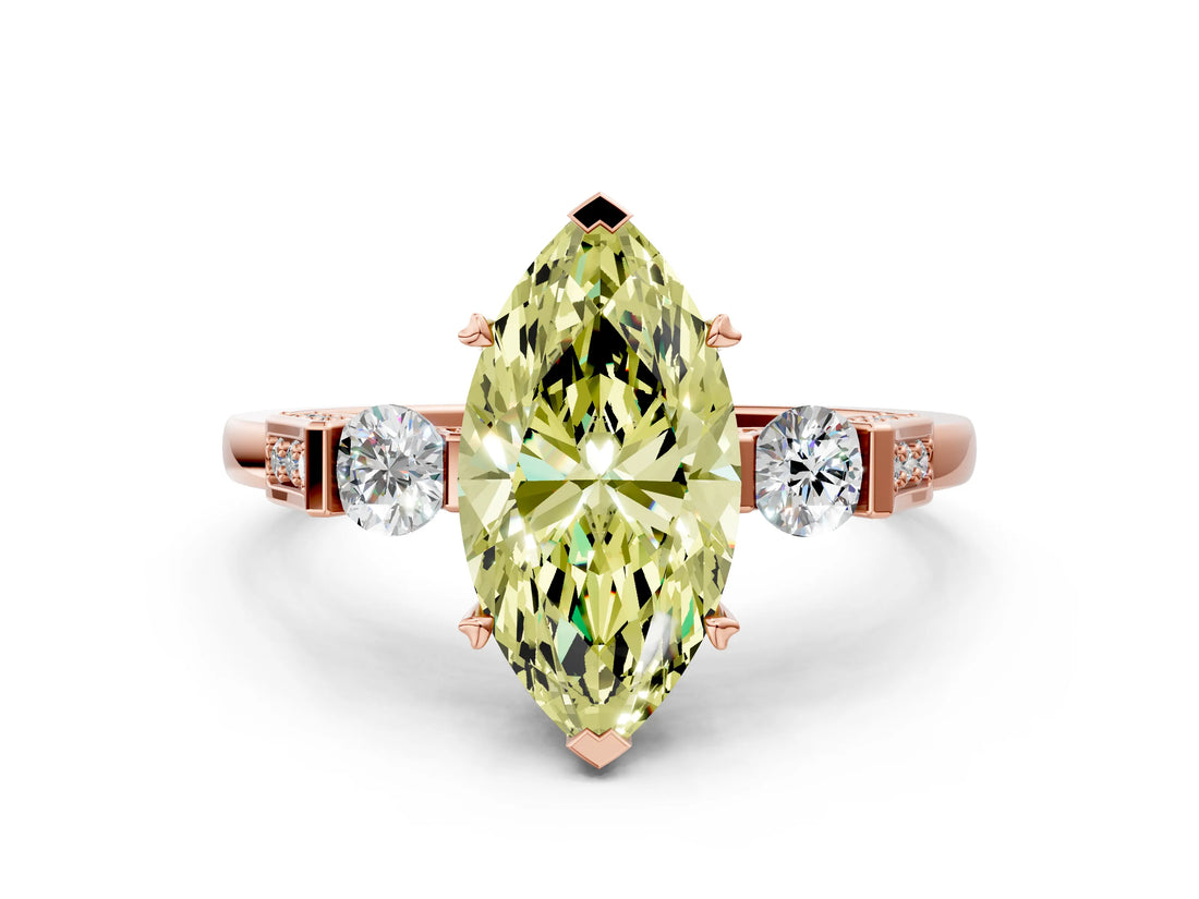 Rose gold Fancy Yellow Marquise Cut Brilliant Three-Stone Pave Band with Four-Prong Setting