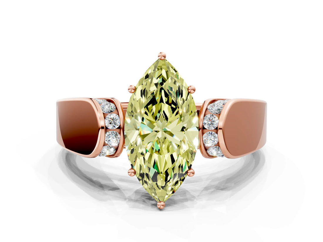 Rose gold Fancy Yellow Marquise Cut Cut Diamond Channel Set Solitaire Ring with Four-Prong Setting