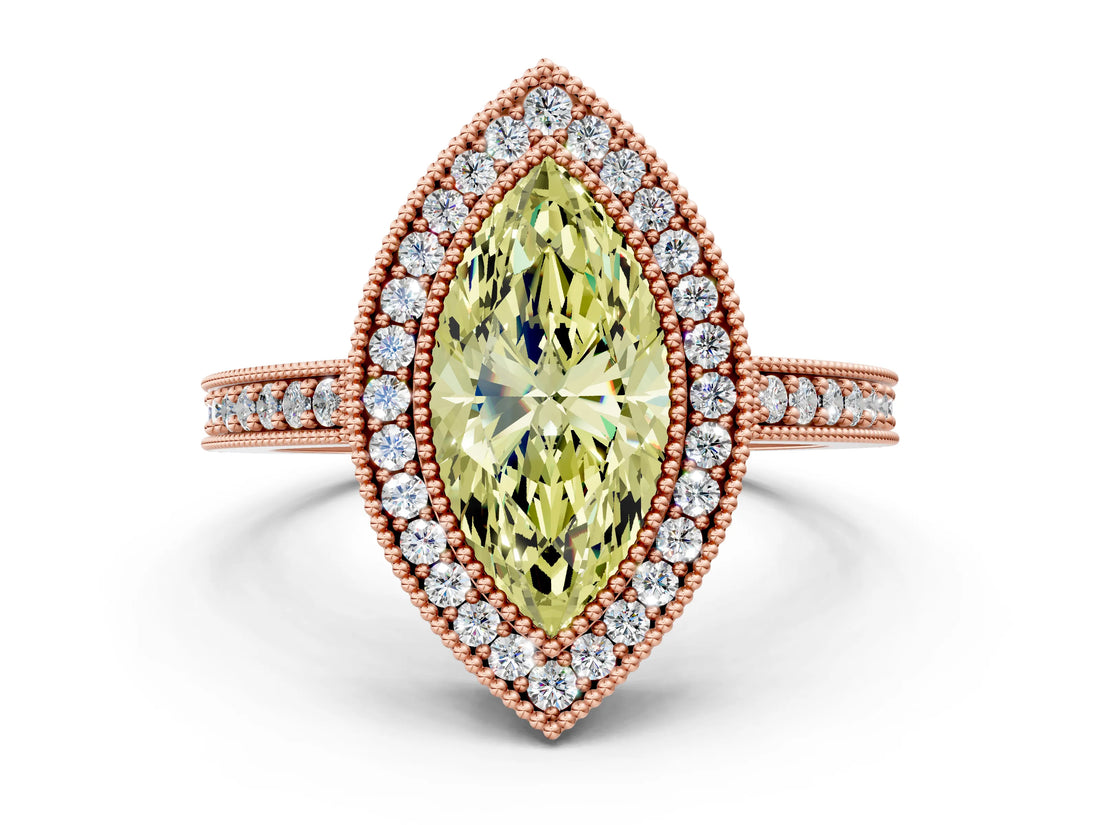 Rose gold Fancy Yellow Marquise Cut-Cut Diamond Halo Engagement Ring with Pave Band and Prong Setting