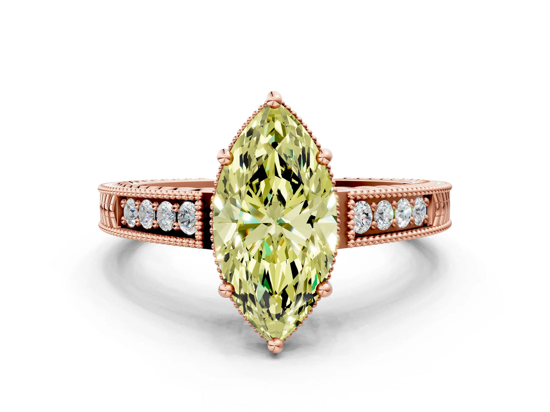 Rose gold Fancy Yellow Marquise Cut Cut Diamond Milgrain Pave Band Four-Prong Setting Ring_3