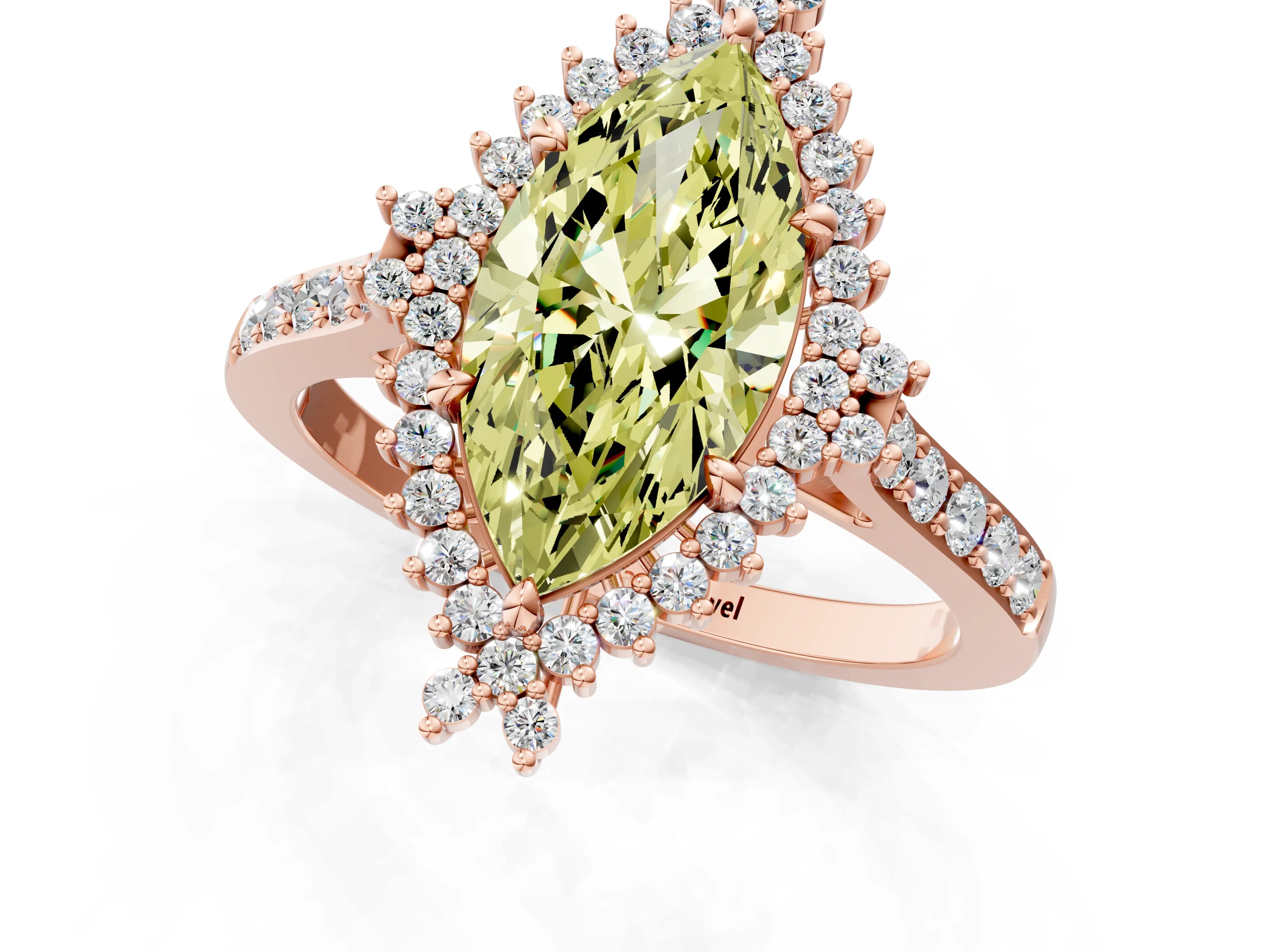 Rose gold Fancy Yellow Marquise Cut Cut Diamond Sunburst Halo Engagement Ring with Pavé Band_1