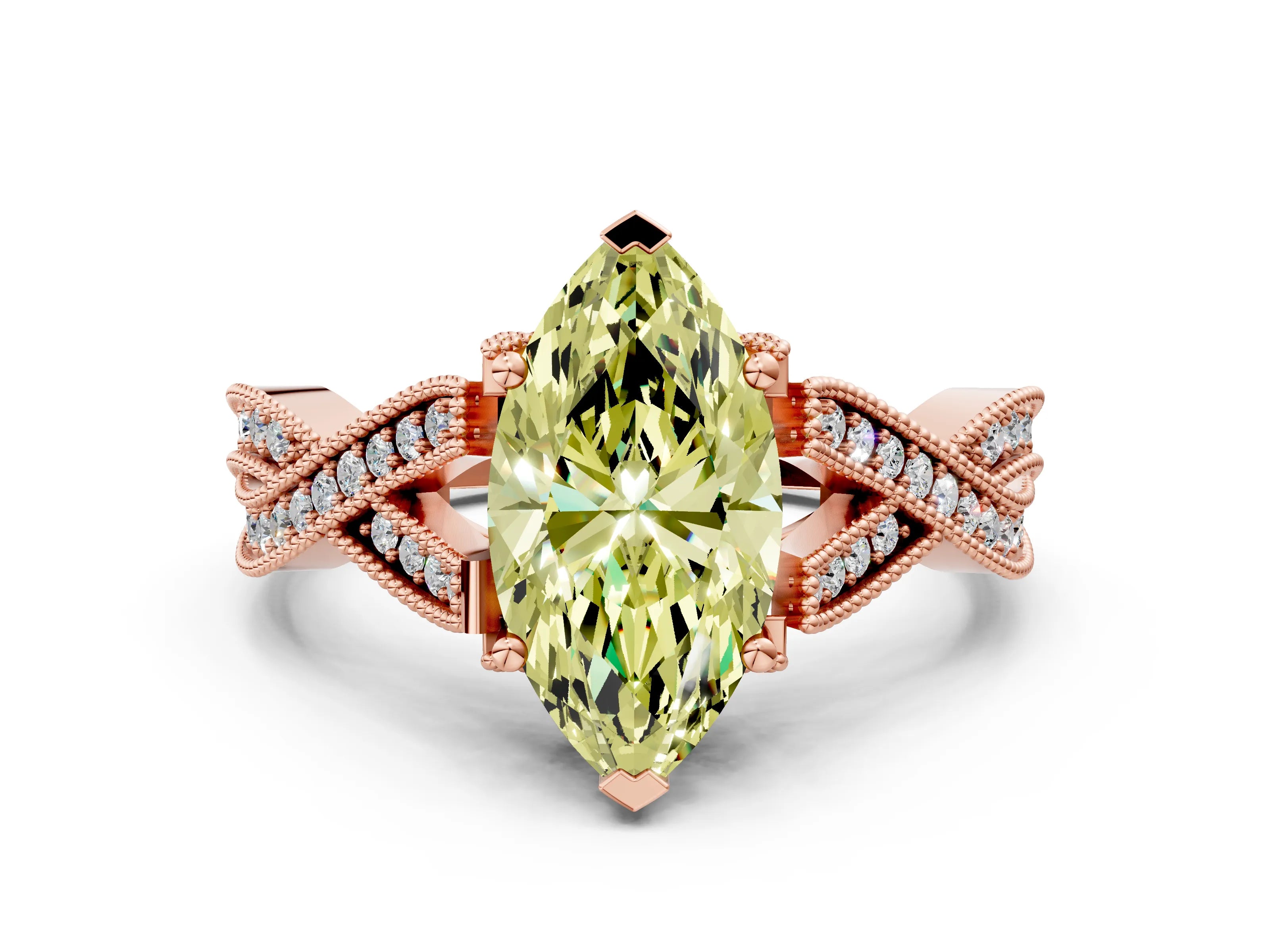 Rose gold Fancy Yellow Marquise Cut Cut Diamond Twisted Band with Milgrain Pave Setting and Four-Prong Setting