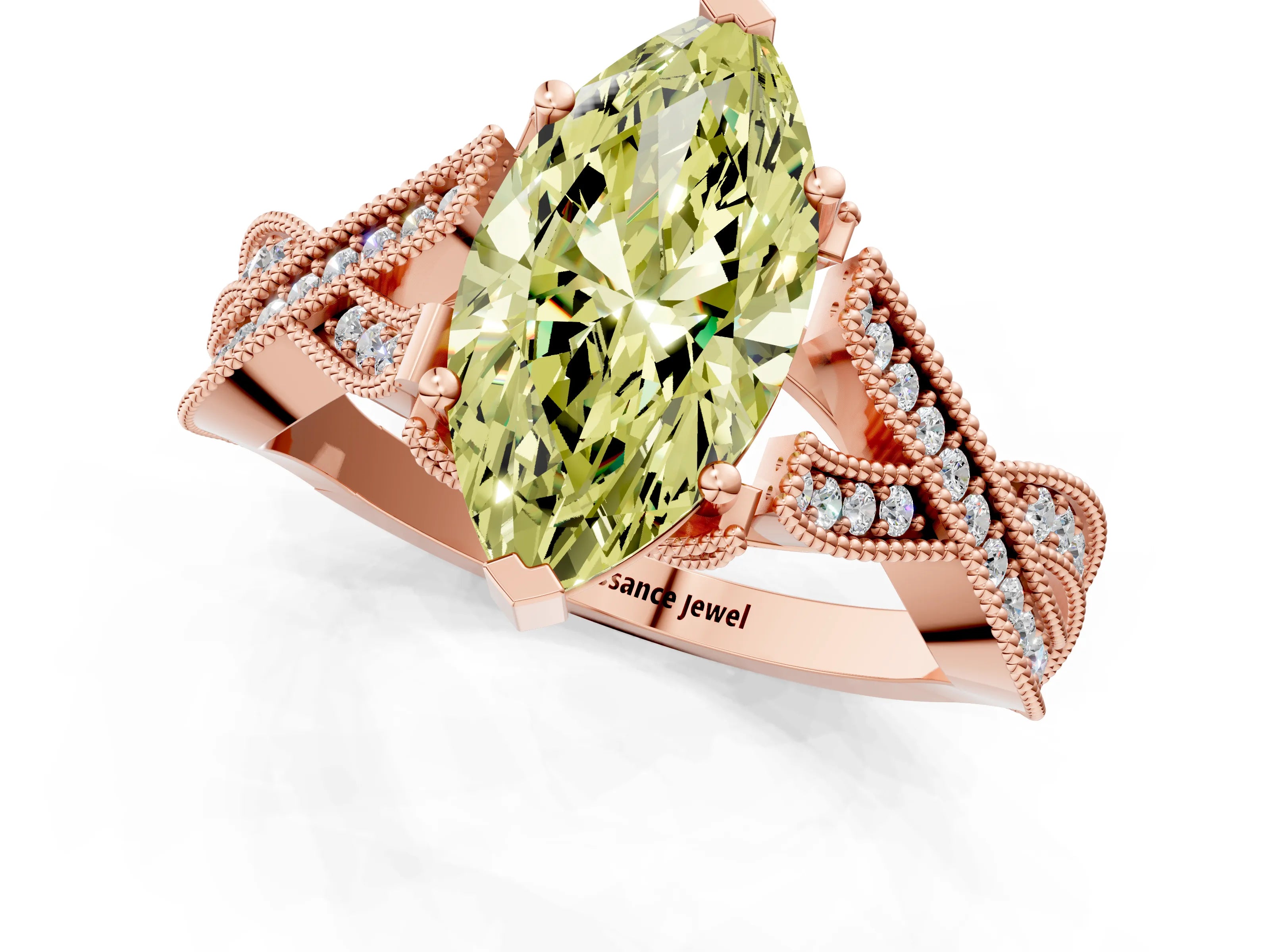 Rose gold Fancy Yellow Marquise Cut Cut Diamond Twisted Band with Milgrain Pave Setting and Four-Prong Setting_1
