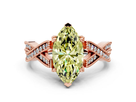 Rose gold Fancy Yellow Marquise Cut Cut Diamond Twisted Band with Milgrain Pave Setting and Four-Prong Setting
