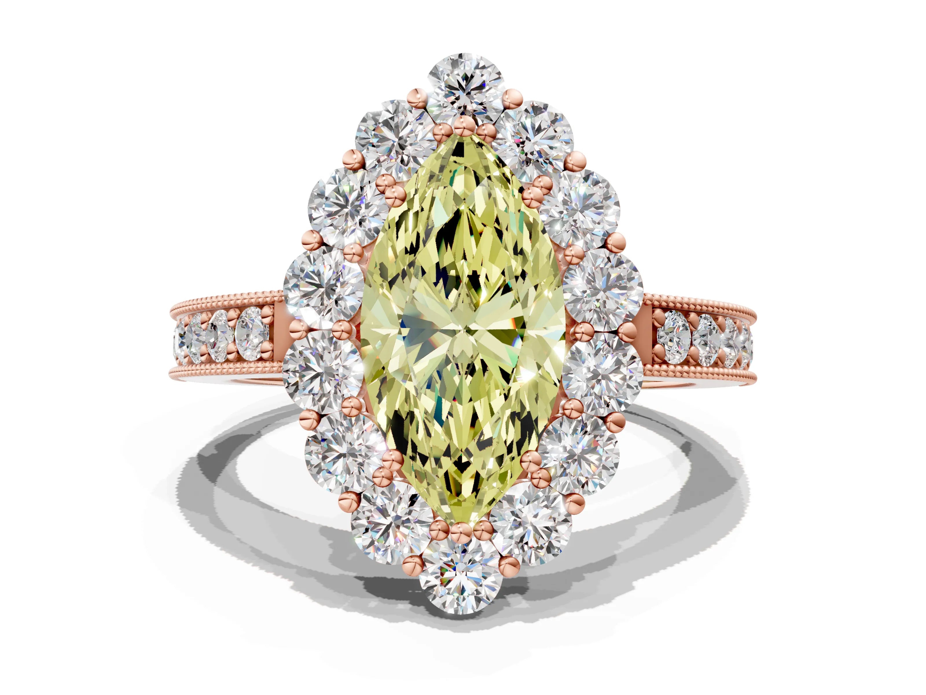 Rose gold Fancy Yellow Marquise Cut Cut Halo Diamond Pavé Engagement Ring with Milgrain Detailing