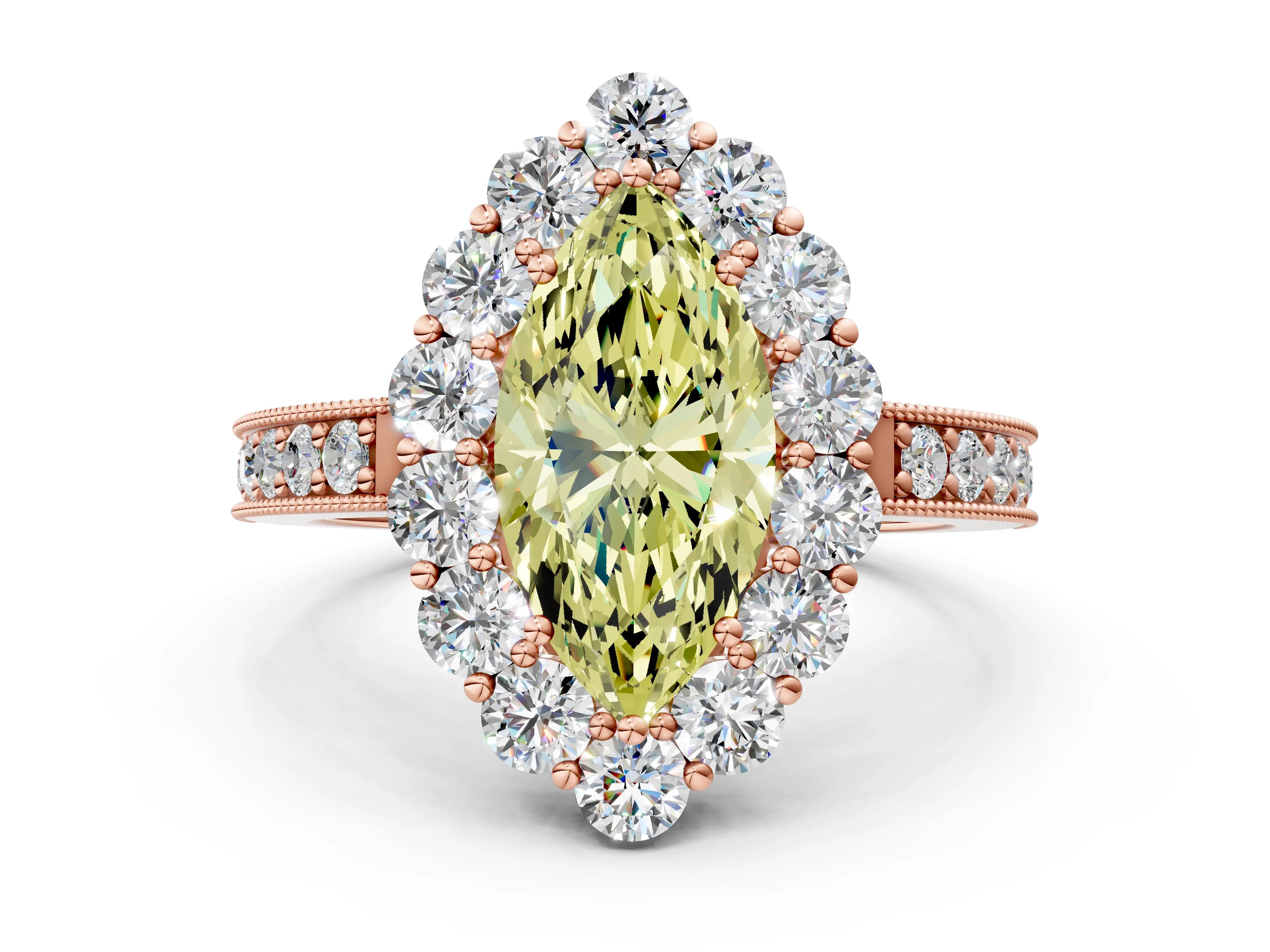 Rose gold Fancy Yellow Marquise Cut Cut Halo Diamond Pavé Engagement Ring with Milgrain Detailing_12