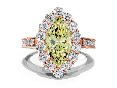 Rose gold Fancy Yellow Marquise Cut Cut Halo Diamond Pavé Engagement Ring with Milgrain Detailing