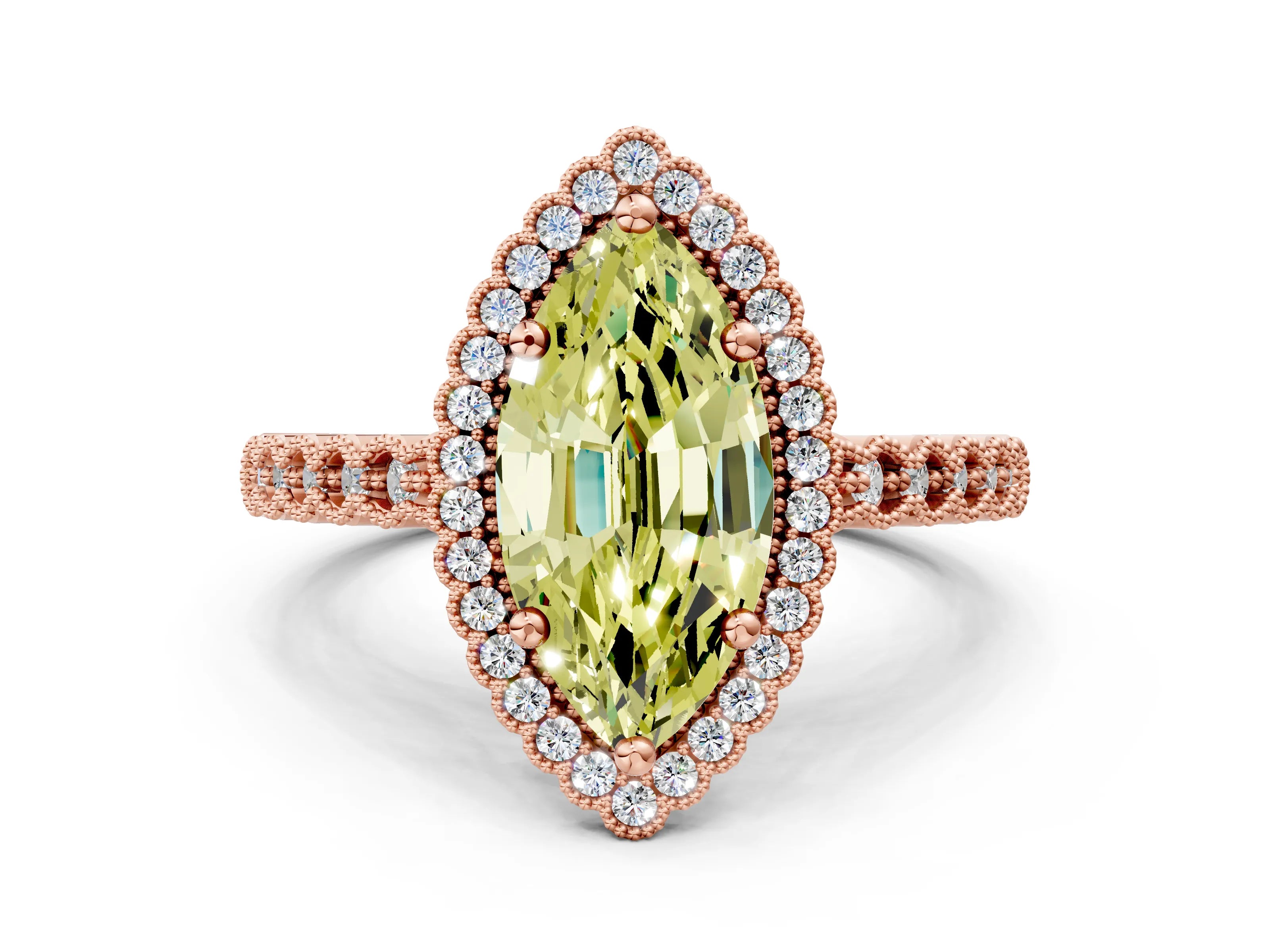 Rose gold Fancy Yellow Marquise Cut Cut Halo Pavé Solitaire Ring with Milgrain Band