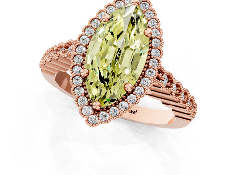 Rose gold Fancy Yellow Marquise Cut Cut Halo Pavé Solitaire Ring with Milgrain Band_1