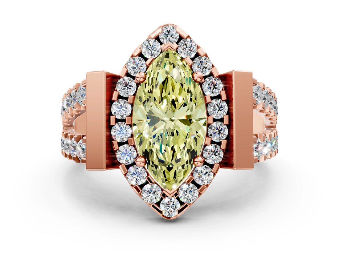 Rose gold Fancy Yellow Marquise Cut Cut Halo Split Shank Prong Set Ring