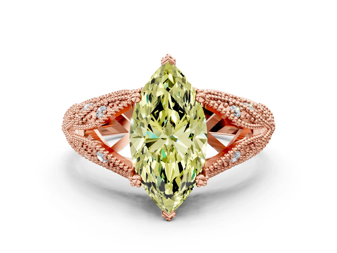 Rose gold Fancy Yellow Marquise Cut Cut Milgrain Pave Diamond Engagement Ring with Four-Prong Setting_3