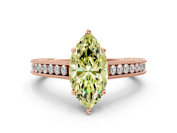 Rose gold Fancy Yellow Marquise Cut Cut Pave Band Milgrain Solitaire Ring