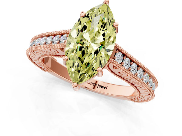 Rose gold Fancy Yellow Marquise Cut Cut Pave Band Milgrain Solitaire Ring