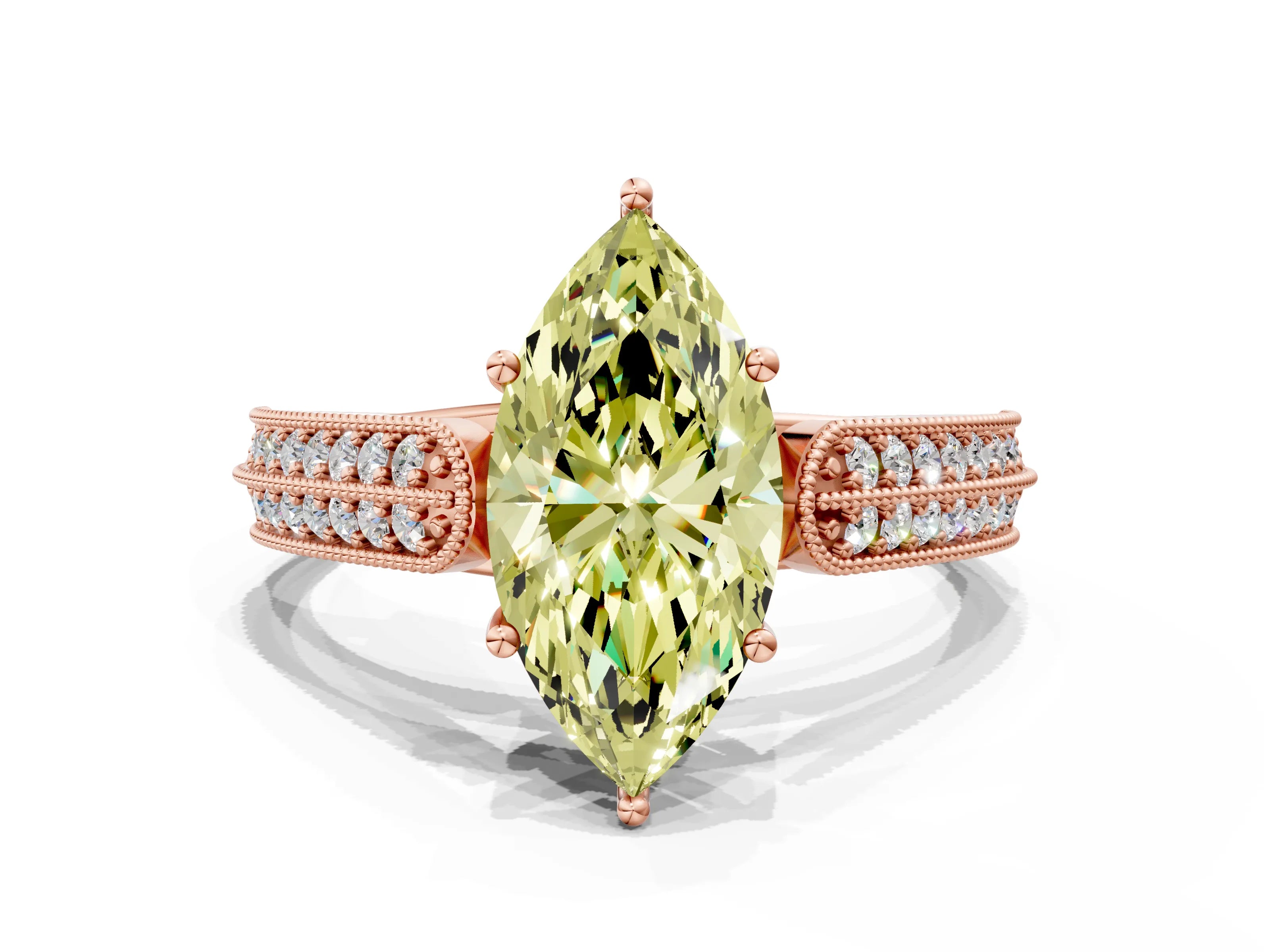 Rose gold Fancy Yellow Marquise Cut Cut Pave Split Shank Engagement Ring with Four-Prong Setting