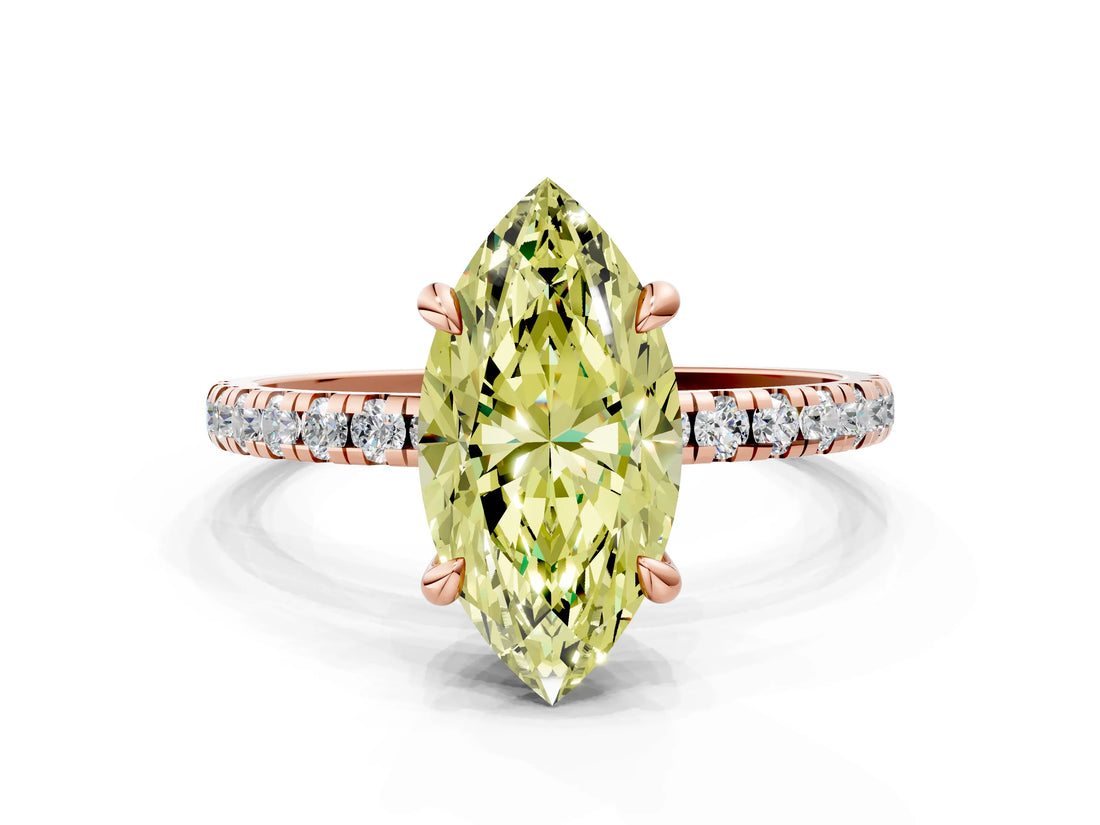 Rose gold Fancy Yellow Marquise Cut Diamond Brilliant Solitaire Ring with Pavé Band and Four-Prong Setting