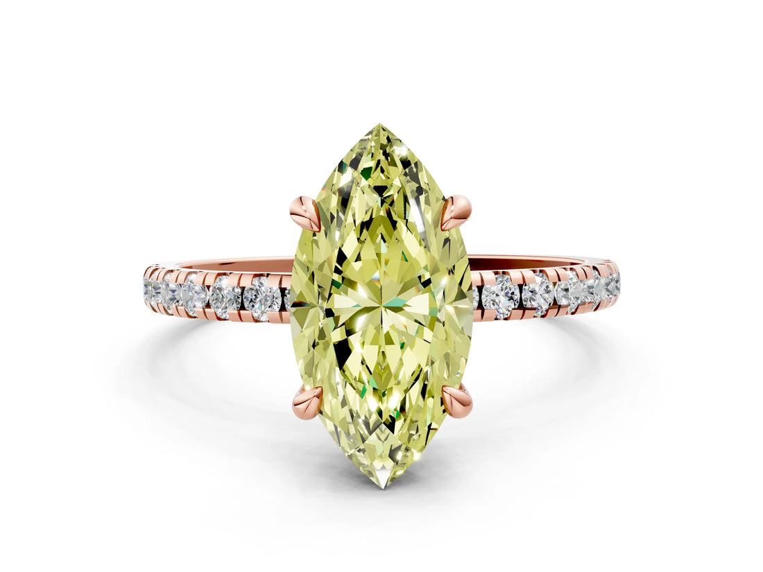 Rose gold Fancy Yellow Marquise Cut Diamond Brilliant Solitaire Ring with Pavé Band and Four-Prong Setting_12