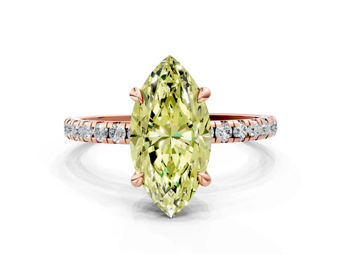 Rose gold Fancy Yellow Marquise Cut Diamond Brilliant Solitaire Ring with Pavé Band and Four-Prong Setting