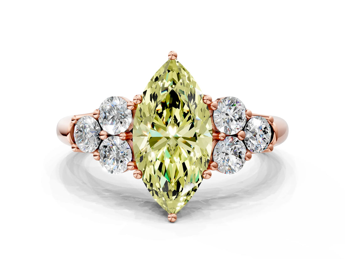 Rose gold Fancy Yellow Marquise  Cut Diamond Cluster Ring with Round Accent Stones and Prong Setting on a Classic Band_34