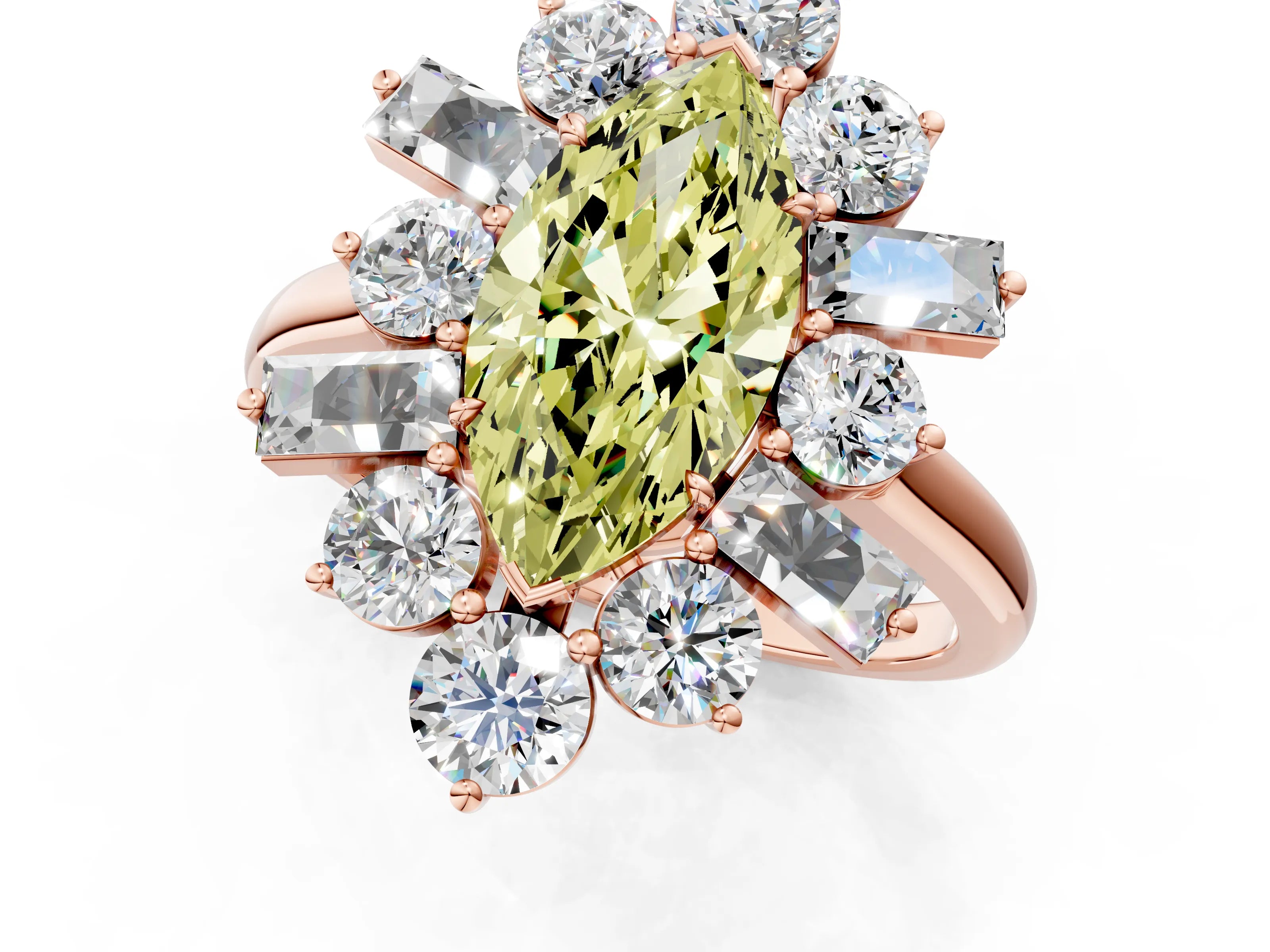 Rose gold Fancy Yellow Marquise Cut Diamond Cluster Ring with Round and Baguette Stones, Split Shank Band, Prong Setting_1