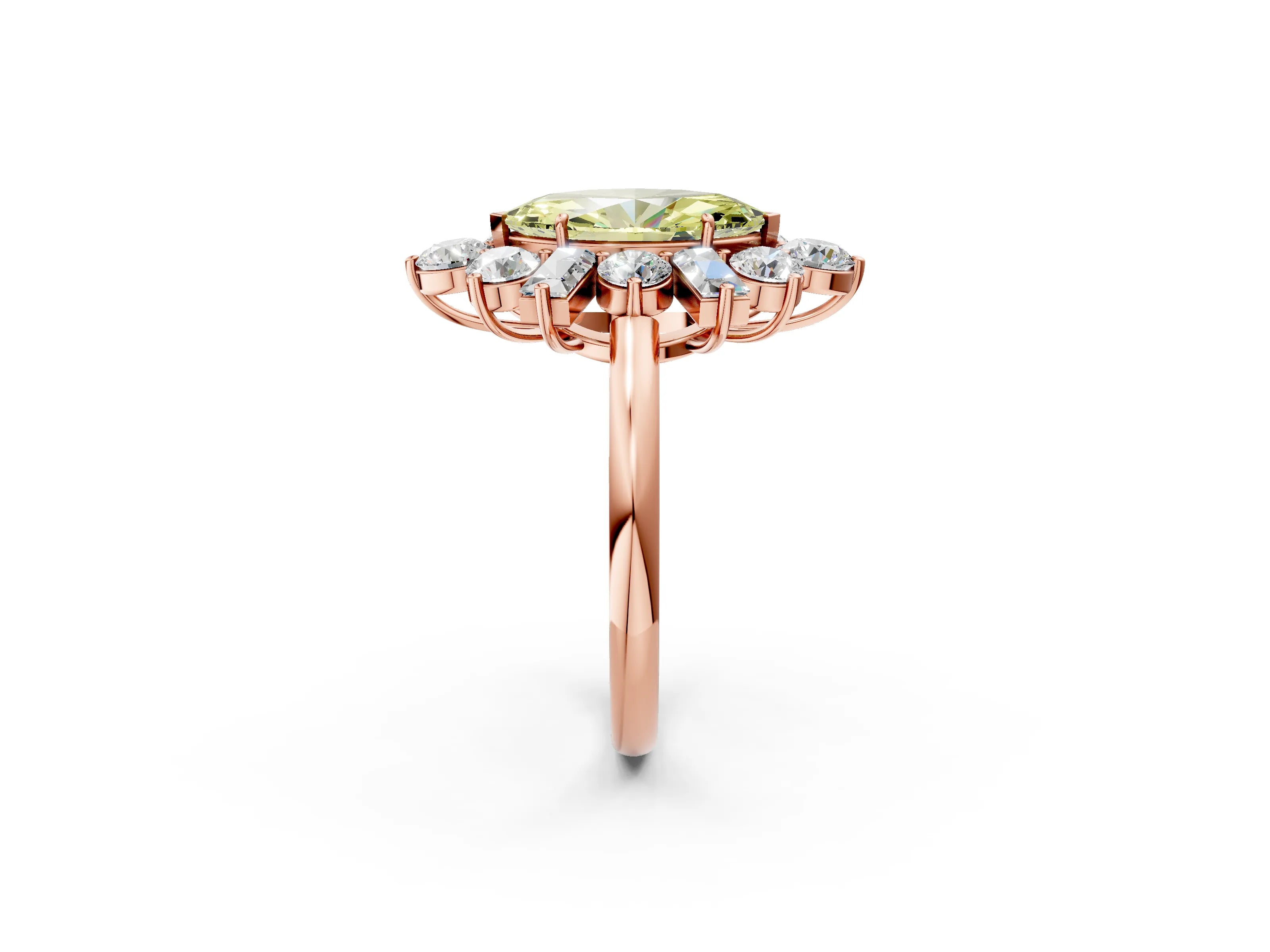 Rose gold Fancy Yellow Marquise Cut Diamond Cluster Ring with Round and Baguette Stones, Split Shank Band, Prong Setting_2
