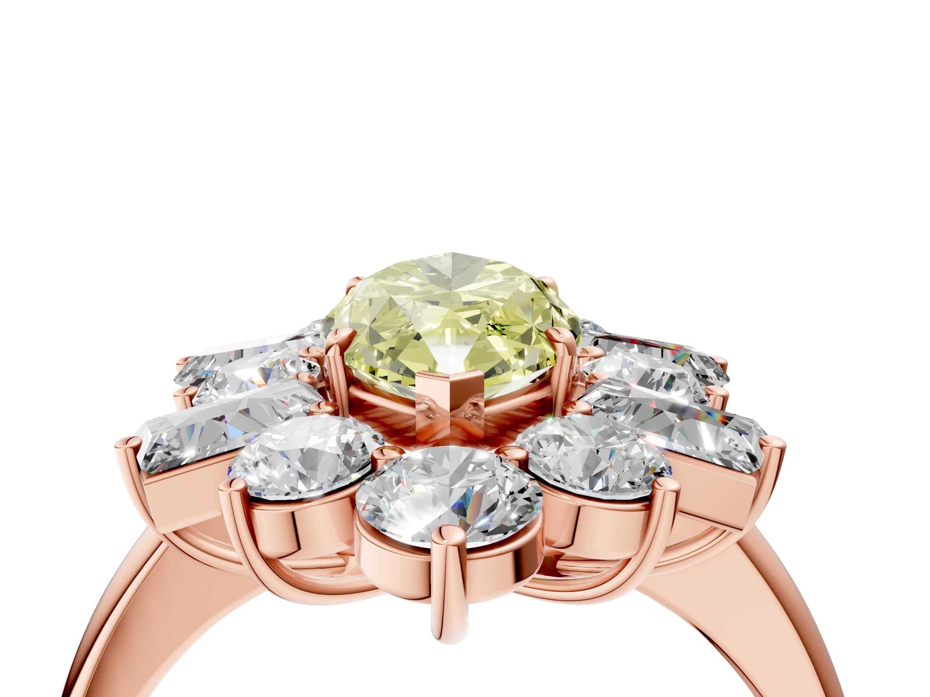 Rose gold Fancy Yellow Marquise Cut Diamond Cluster Ring with Round and Baguette Stones, Split Shank Band, Prong Setting_4