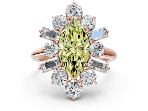 Rose gold Fancy Yellow Marquise Cut Diamond Cluster Ring with Round and Baguette Stones, Split Shank Band, Prong Setting