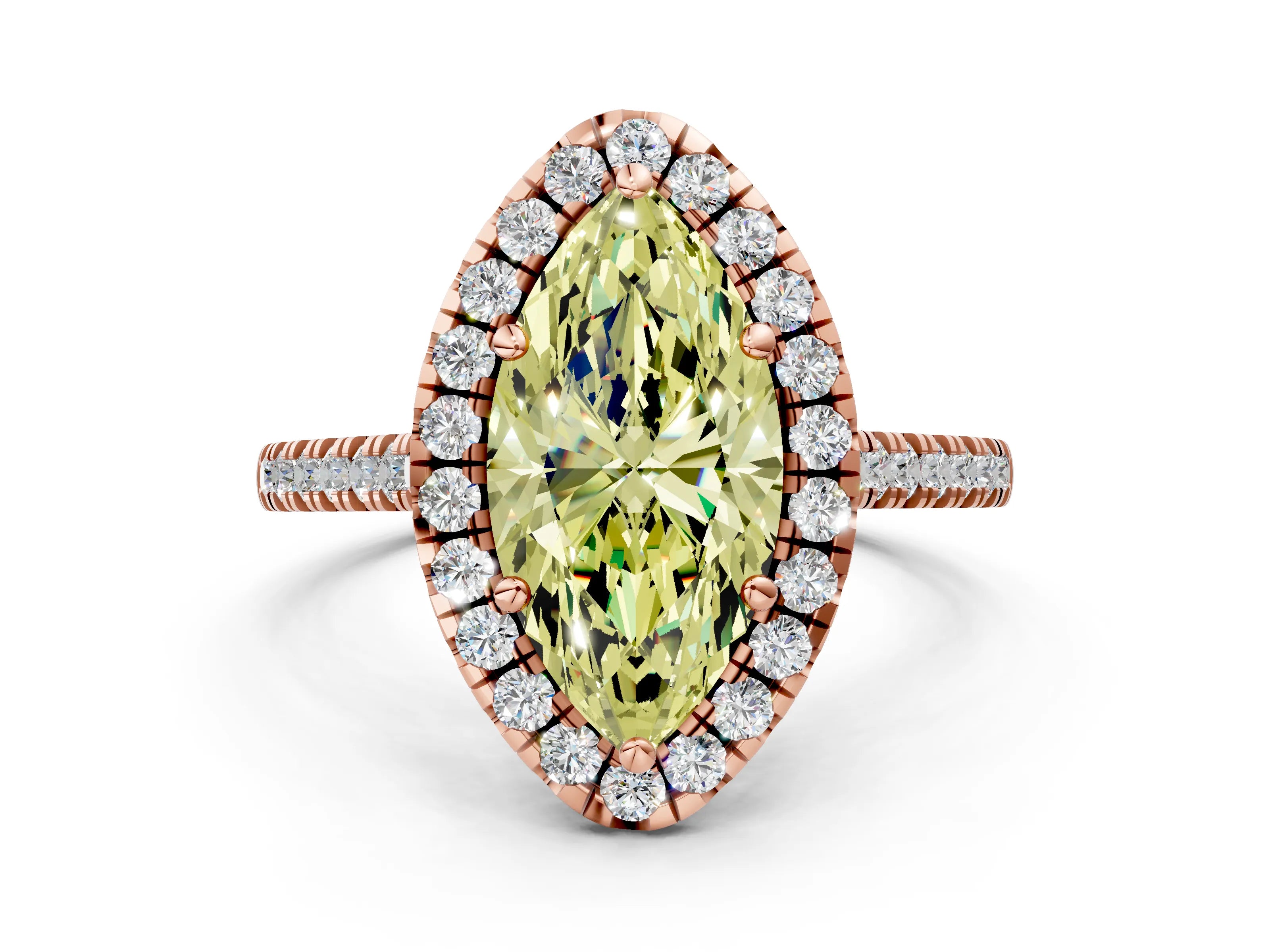 Rose gold Fancy Yellow Marquise Cut Diamond Cushion Halo Ring with Pavé Band
