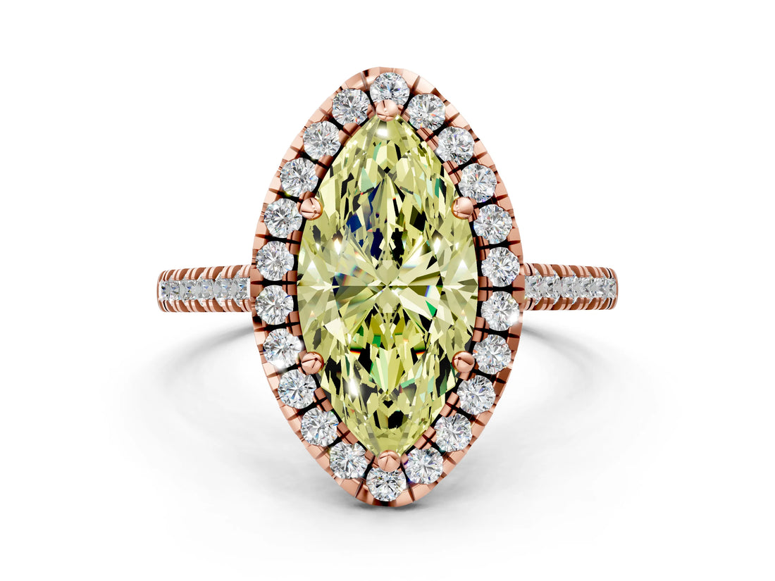 Rose gold Fancy Yellow Marquise Cut Diamond Cushion Halo Ring with Pavé Band