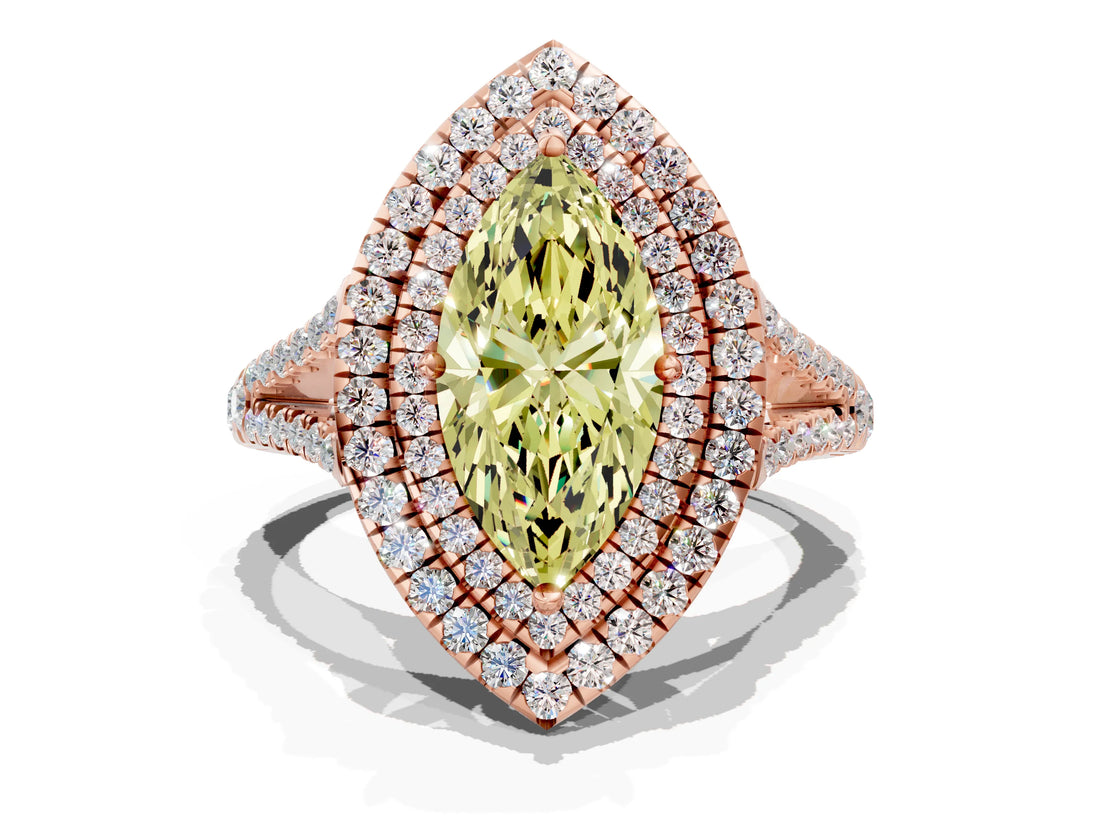 Rose gold Fancy Yellow Marquise Cut Diamond Double Halo Ring with Pavé Band and Prong Setting_21