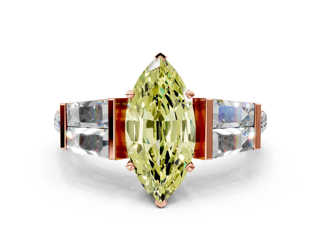 Rose gold Fancy Yellow Marquise Cut Diamond Engagement Ring with Baguette Side Stones and Channel Set Band_17
