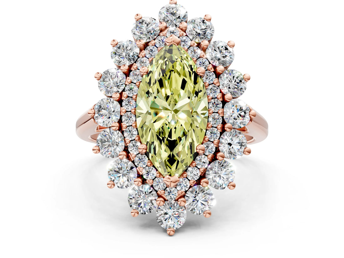 Rose gold Fancy Yellow Marquise Cut Diamond Floral Double Halo Engagement Ring with Prong Setting_24