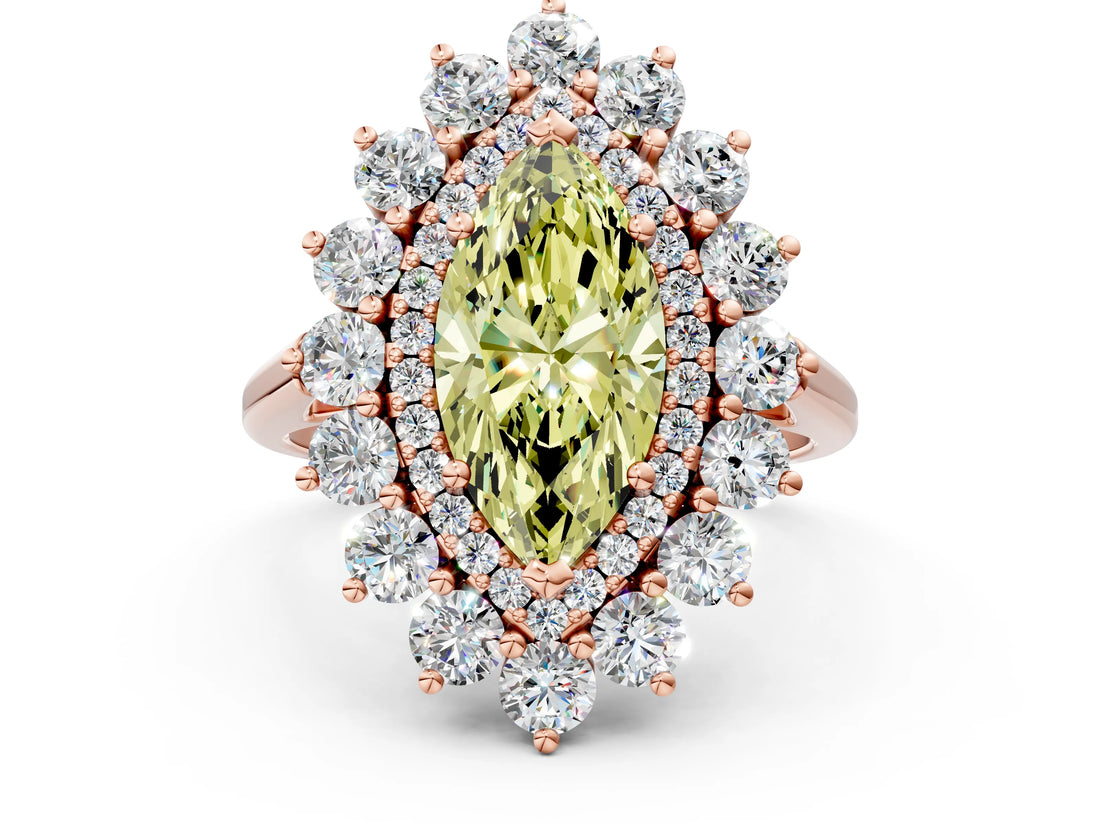 Rose gold Fancy Yellow Marquise Cut Diamond Floral Double Halo Engagement Ring with Prong Setting_60