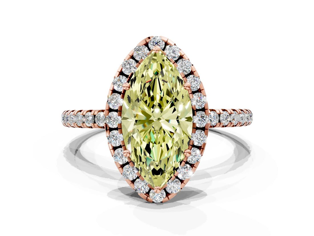 Rose gold Fancy Yellow Marquise  Cut Diamond Floral Halo Engagement Ring with Pavé Band and Prong Setting_17