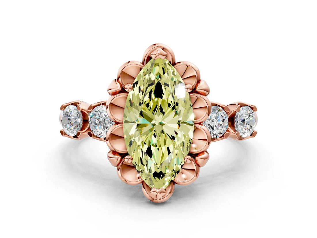 Rose gold Fancy Yellow Marquise  Cut Diamond Floral Halo Engagement Ring with Shared Prong Setting 1
