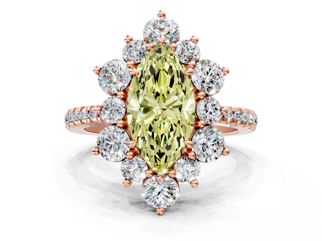 Rose gold Fancy Yellow Marquise  Cut Diamond Floral Halo Pave Band with Prong Setting