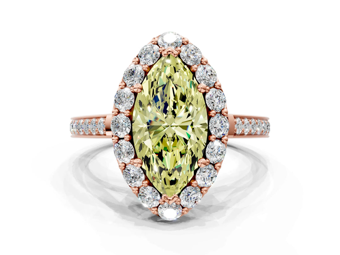 Rose gold Fancy Yellow Marquise Cut Diamond Floral Halo Ring with Pavé Band and Prong Setting_3