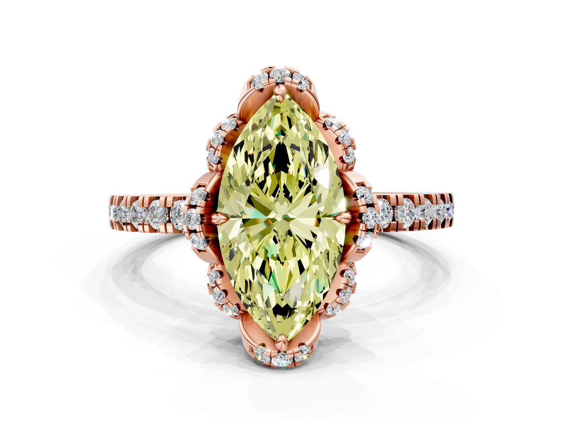 Rose gold Fancy Yellow Marquise Cut Diamond Halo Pave Band with Four-Prong Setting_3