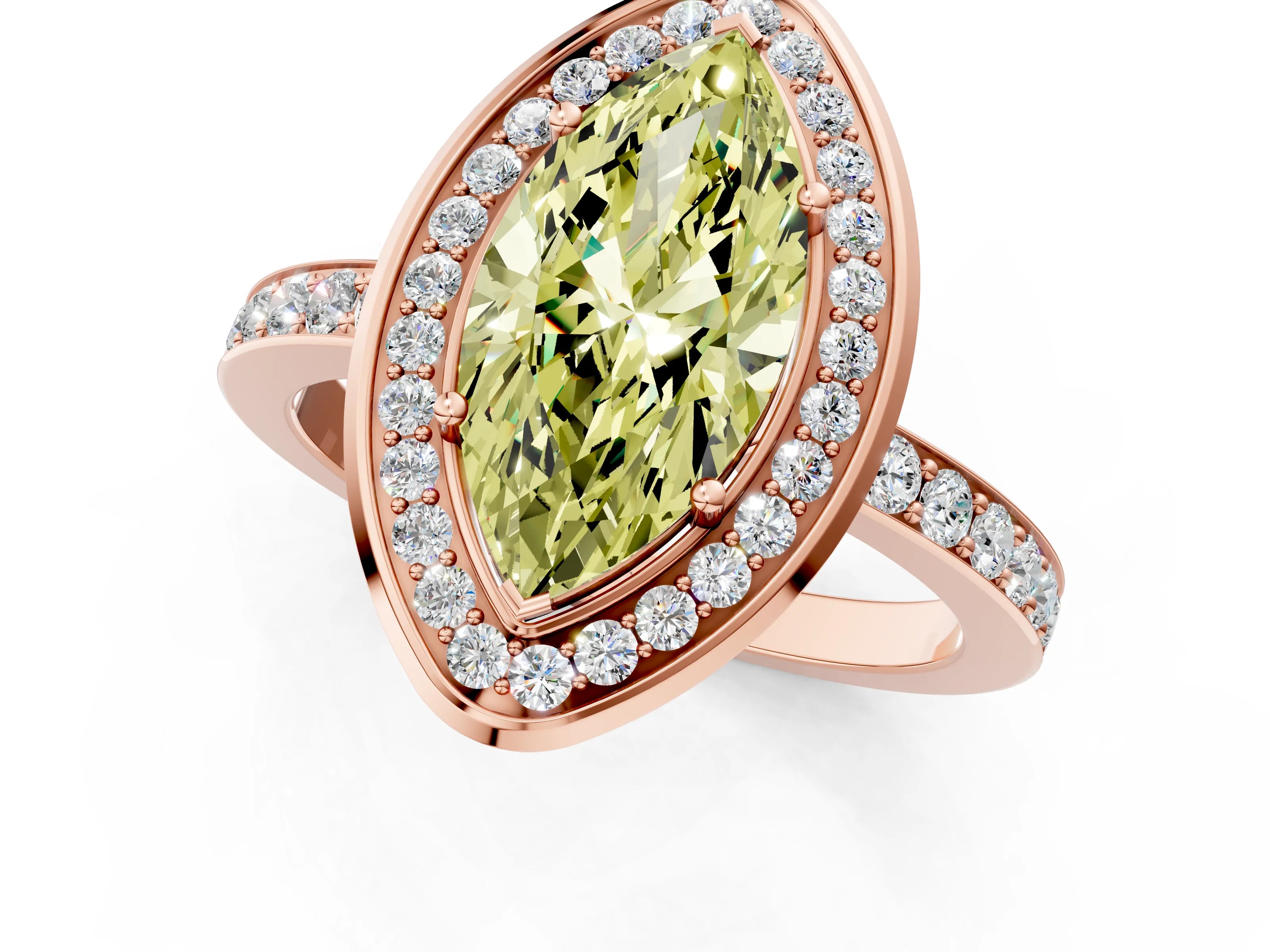 Rose gold Fancy Yellow Marquise Cut Diamond Halo Ring with Bezel Frame and Pavé Band_1