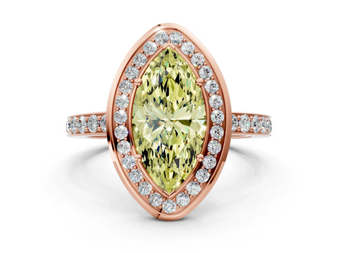 Rose gold Fancy Yellow Marquise Cut Diamond Halo Ring with Bezel Frame and Pavé Band