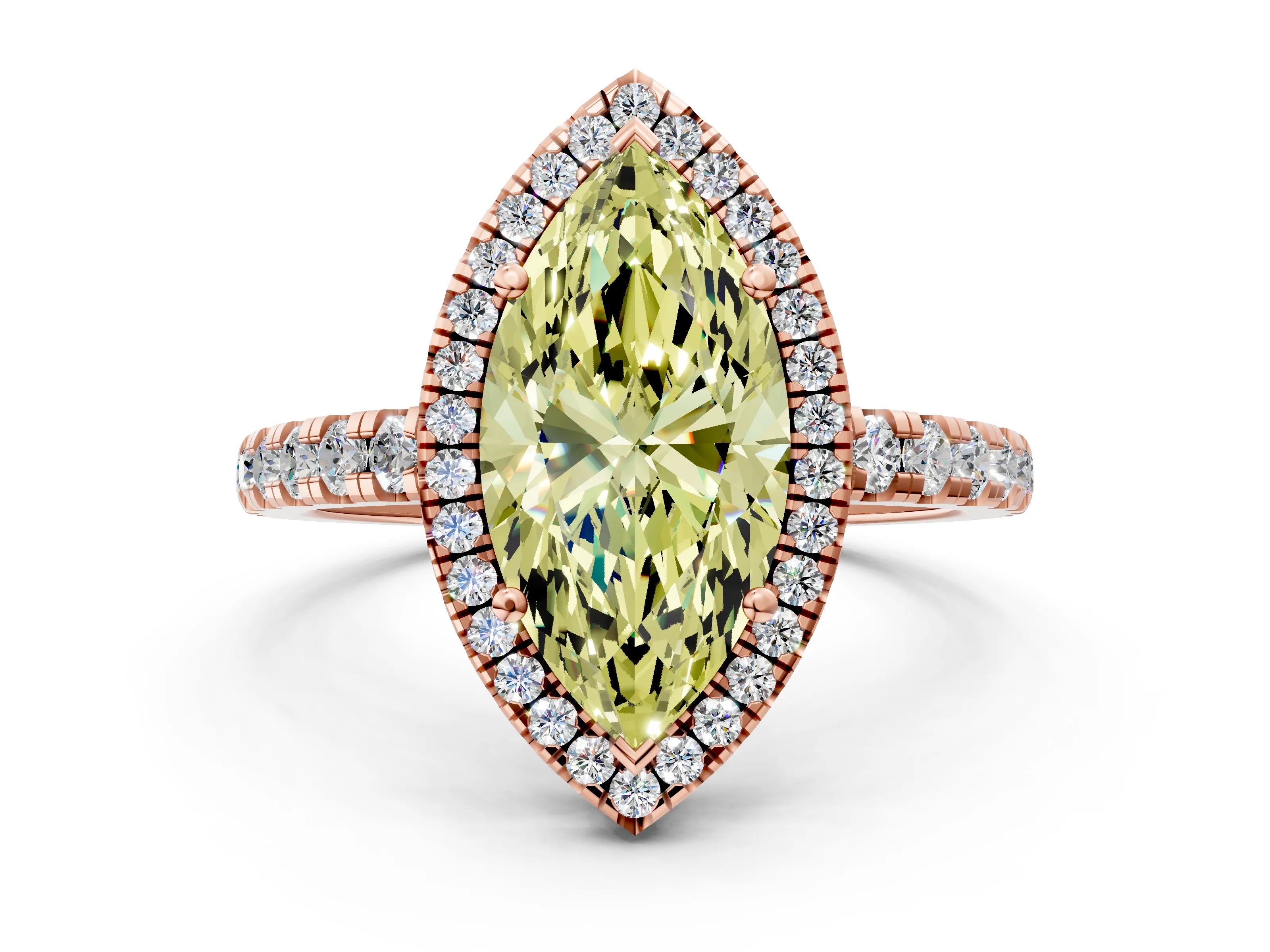 Rose gold Fancy Yellow Marquise Cut Diamond Halo Ring with Pavé Band and Four-Prong Setting