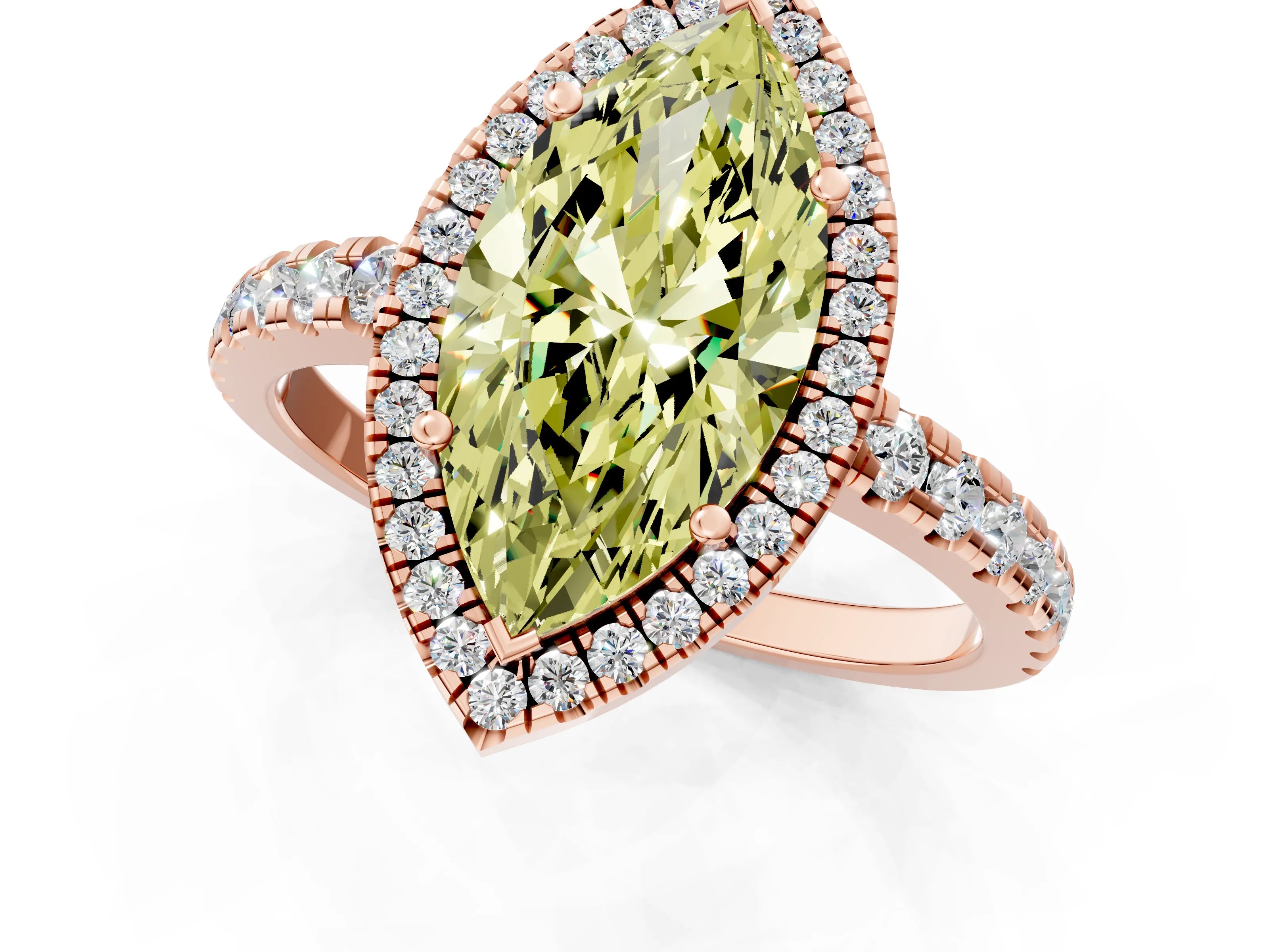 Rose gold Fancy Yellow Marquise Cut Diamond Halo Ring with Pavé Band and Four-Prong Setting_1