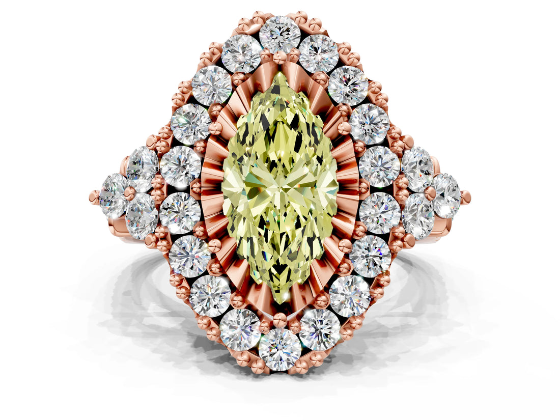 Rose gold Fancy Yellow Marquise Cut Diamond Halo Ring with Pavé Band and Four-Prong Setting_17