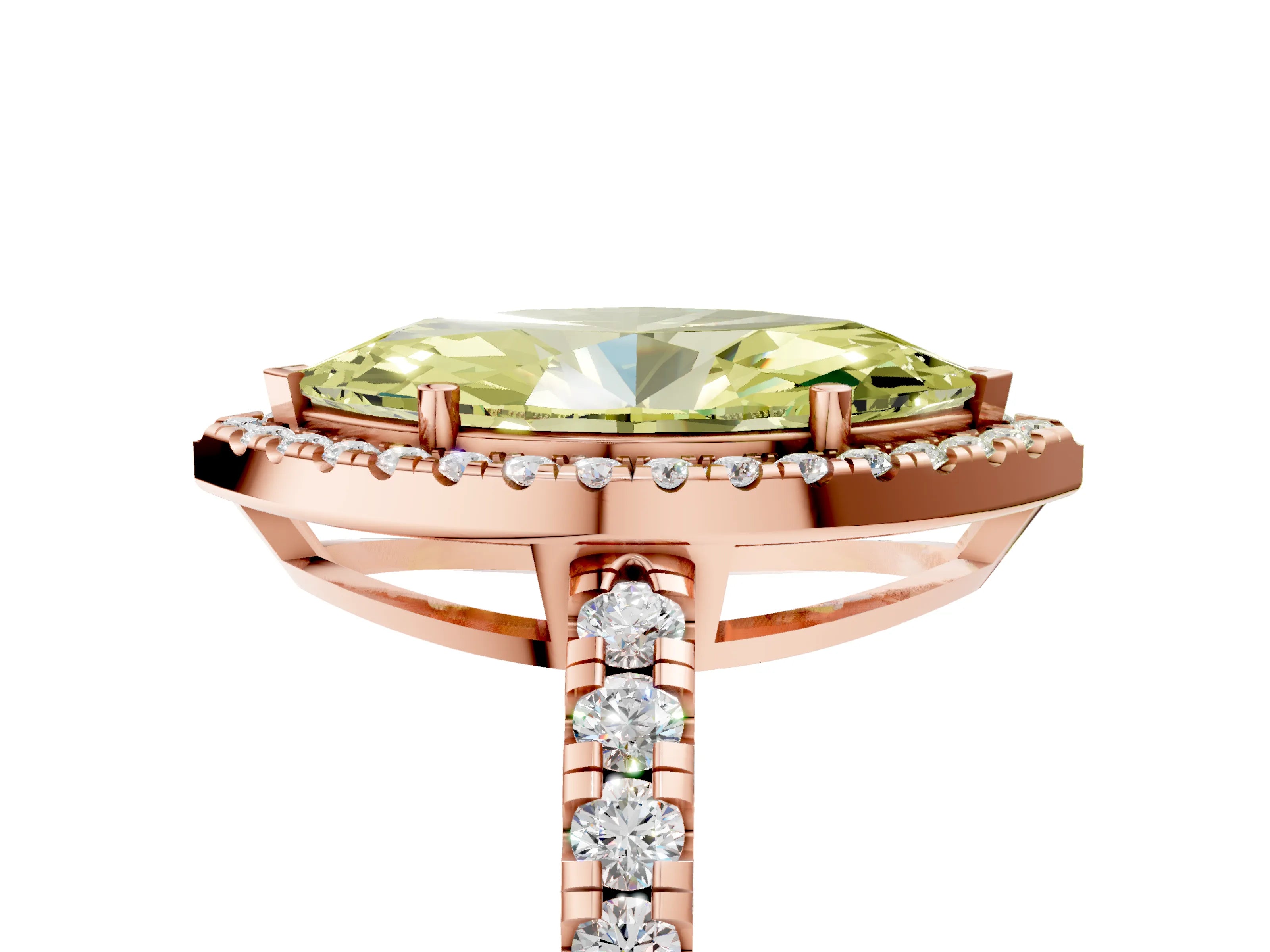 Rose gold Fancy Yellow Marquise Cut Diamond Halo Ring with Pavé Band and Four-Prong Setting_5