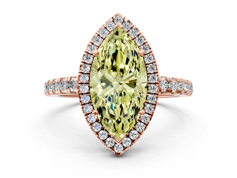 Rose gold Fancy Yellow Marquise Cut Diamond Halo Ring with Pavé Band and Four-Prong Setting