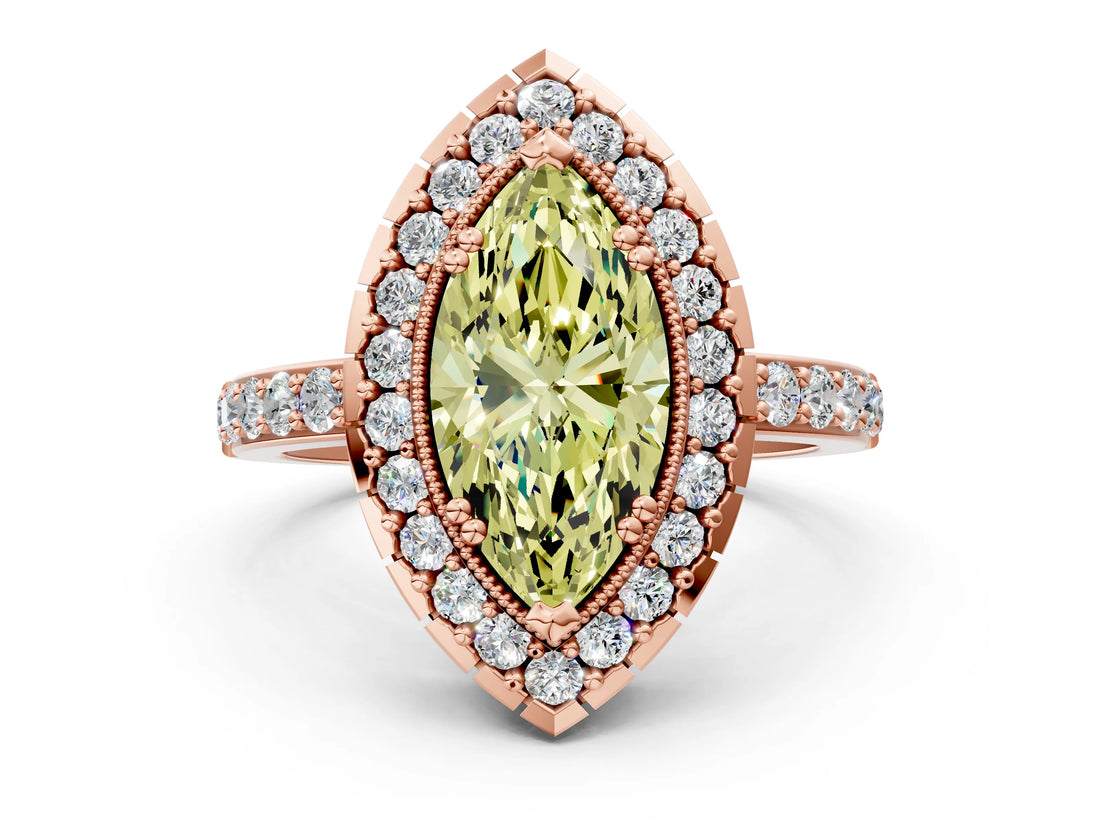 Rose gold Fancy Yellow Marquise Cut Diamond Halo Ring with Pavé Band and Prong Setting
